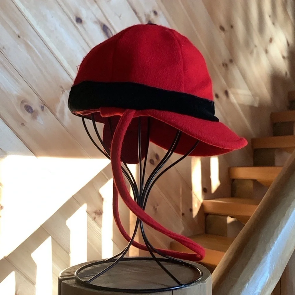 Kid’s dressy red trapper style hat with black velvet trim
